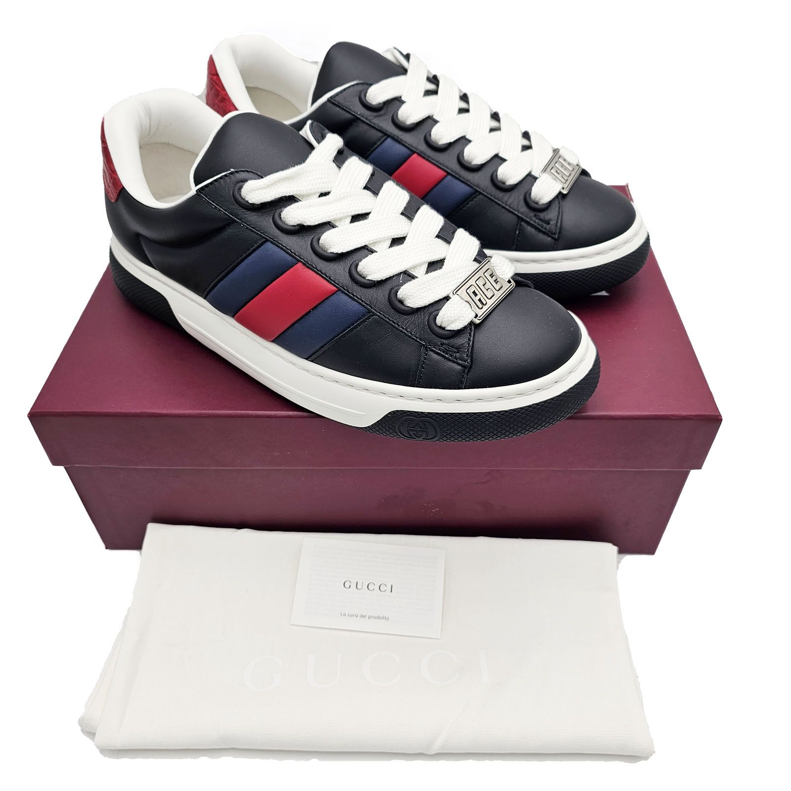 Gucci Gucci Ace Mens Sneakers Blue Red Web Black Leather 10.5 New Size US 10.5 / EU 43-44 - 4 Thumbnail