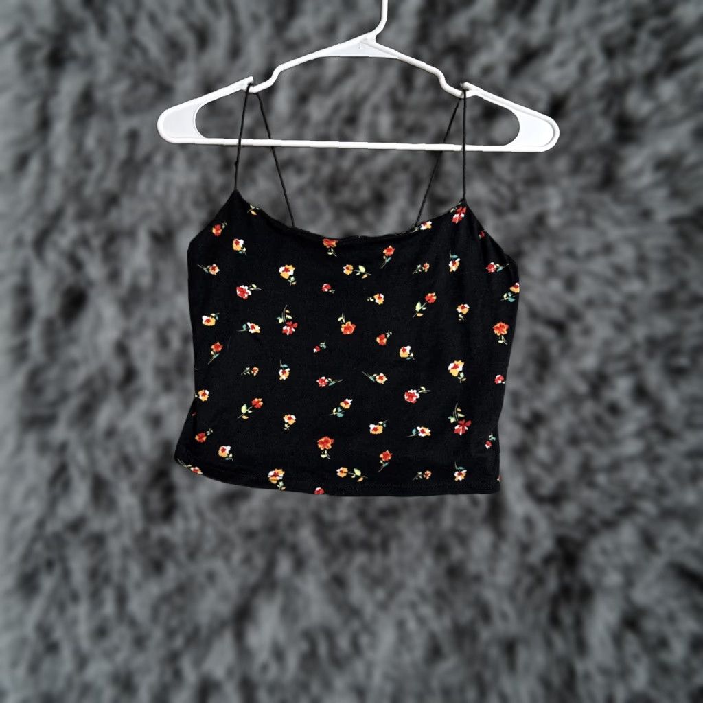 Vintage GAZE Floral Cami Crop Tank Top Women Small S Black Sleeveless Spaghetti Strap Square Neck Cropped Bohemian Fairycore Y2K Look Casual Womens Size S / US 4 / IT 40 - 1 Thumbnail