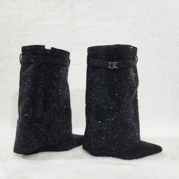 Other Betty Sparkling Black Rhinestone Skirted Fold Over Calf Boot Size US 7 / IT 37 - 1 Thumbnail