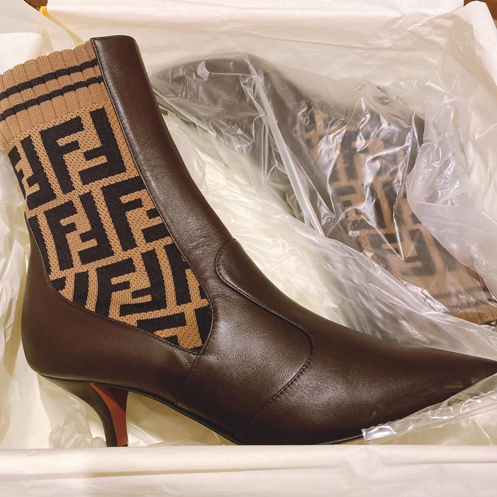 Fendi Rockoko FF logo stretch knit leather ankle boots 36 Size US 6 / IT 36 - 6 Thumbnail