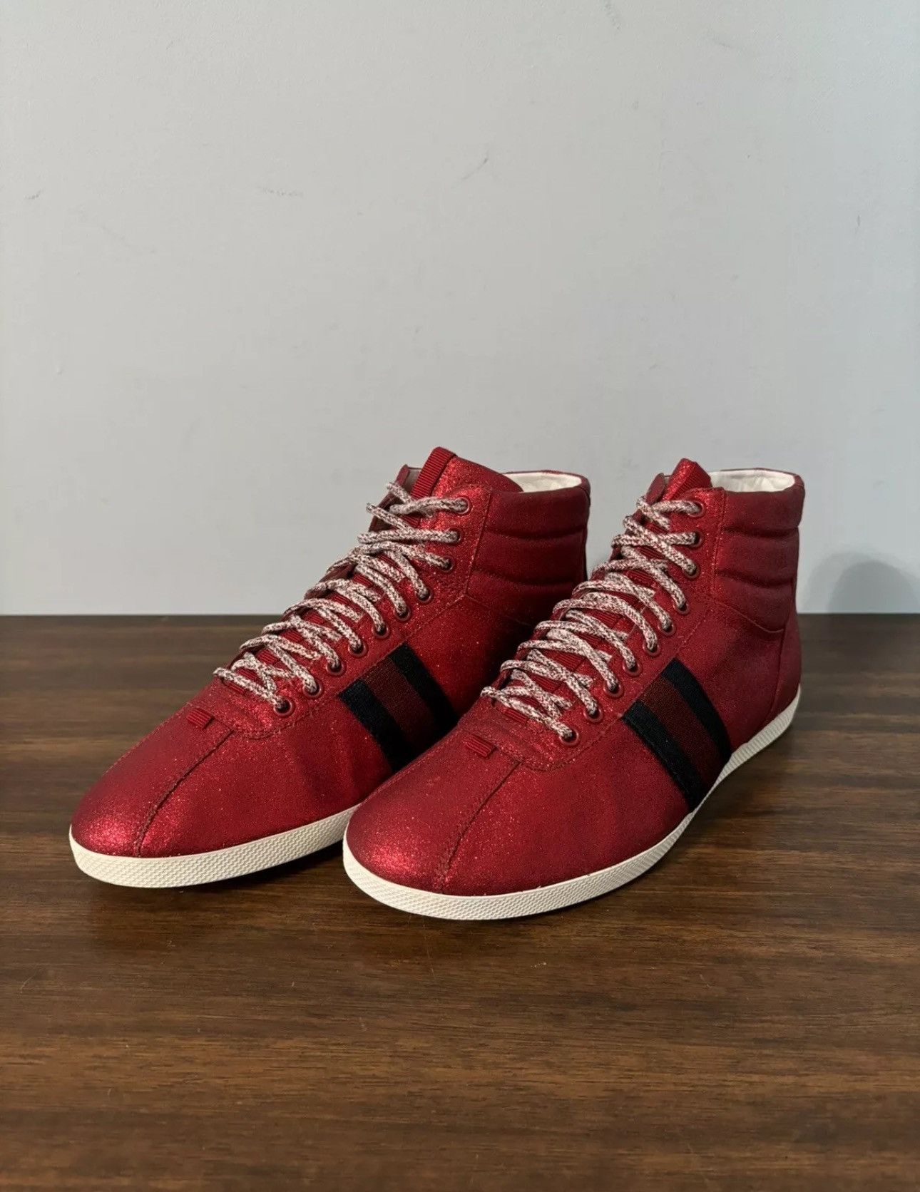 Designer Gucci Streetwear Gucci Web Glitter High Top Stripe Sneakers Grailed