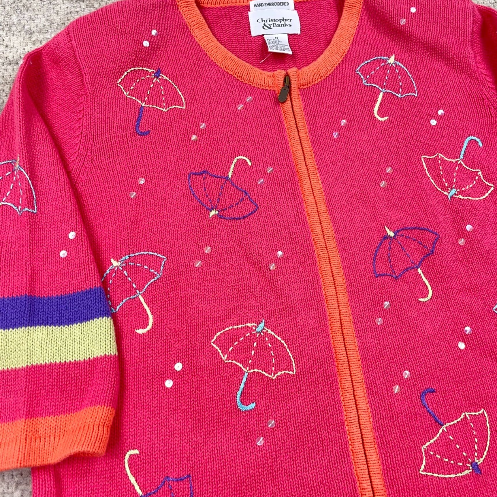 Vintage VINTAGE Christopher & Banks Cardigan Sweater Women M Pink Umbrella Full Zip Geometric Knit Pattern 90s/Classic Indoor Outdoor Casual Size M / US 6-8 / IT 42-44 - 3 Thumbnail