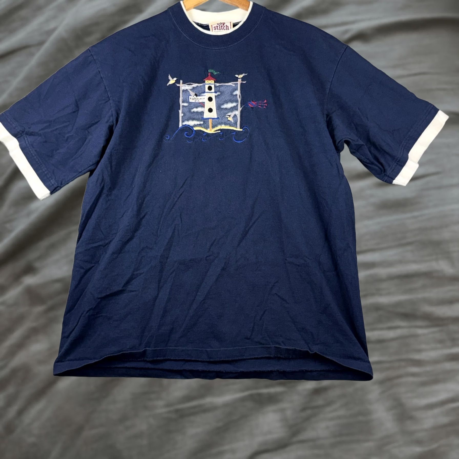 Vintage VINTAGE Top Stitch Shirt Womens 2X Blue Lighthouse Embroidered Ringer Tee USA Size XXL / US 16-18 / IT 52-54 - 1 Thumbnail