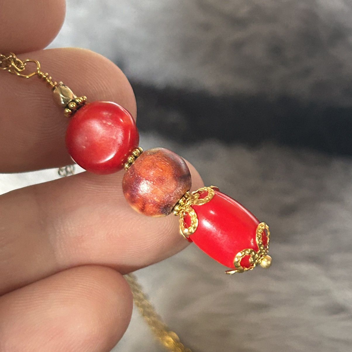 Handmade Handcrafted vintage bead red coral wood drop necklace Size ONE SIZE - 6 Thumbnail