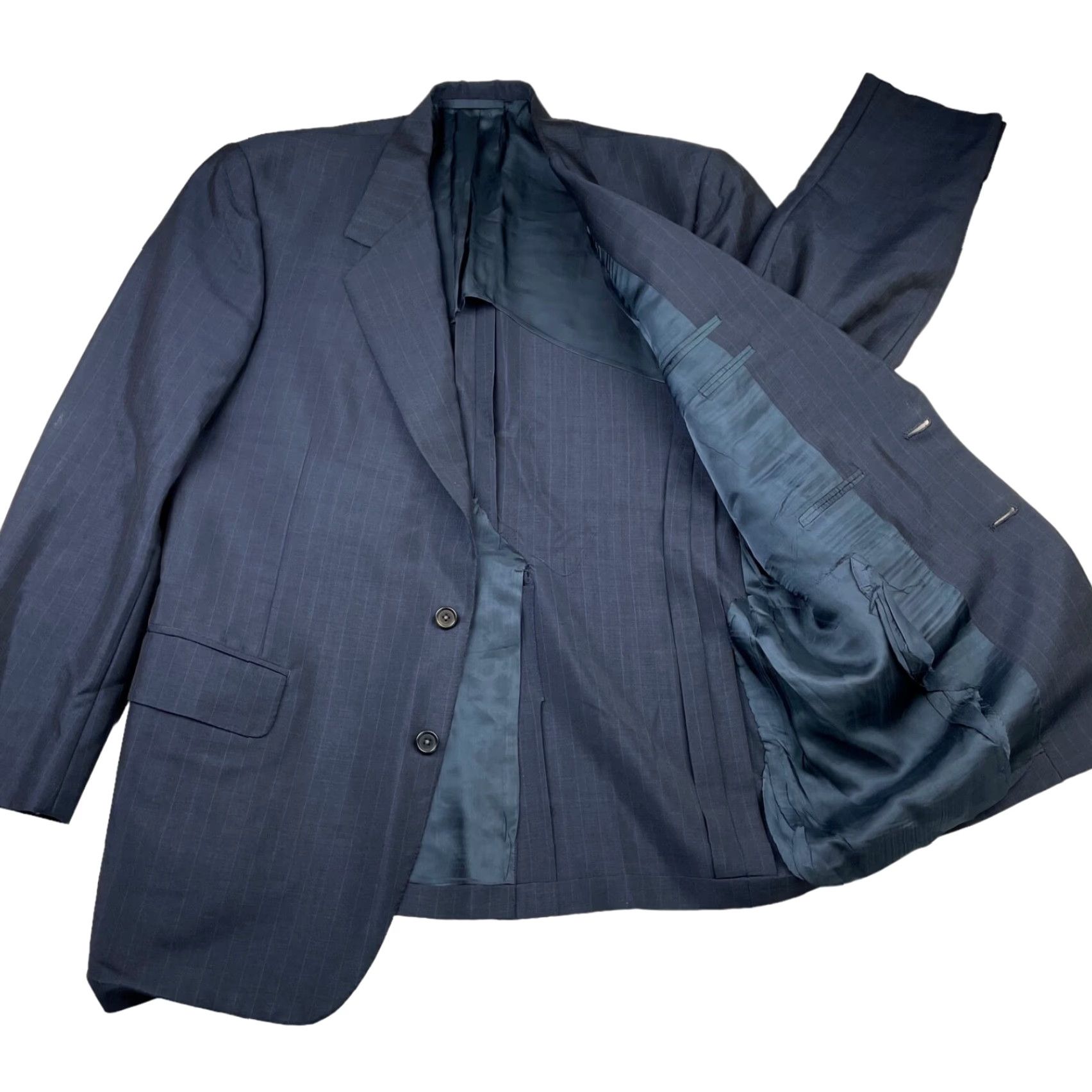 Vintage VTG Oxxford Clothes Men’s Manhattan Lightweight Suit Navy Blue Stripe 43R 34x30 Two-Button Blazer Pleated Pants Wool 2 Piece Vintage Mens Size 34R - 3 Thumbnail