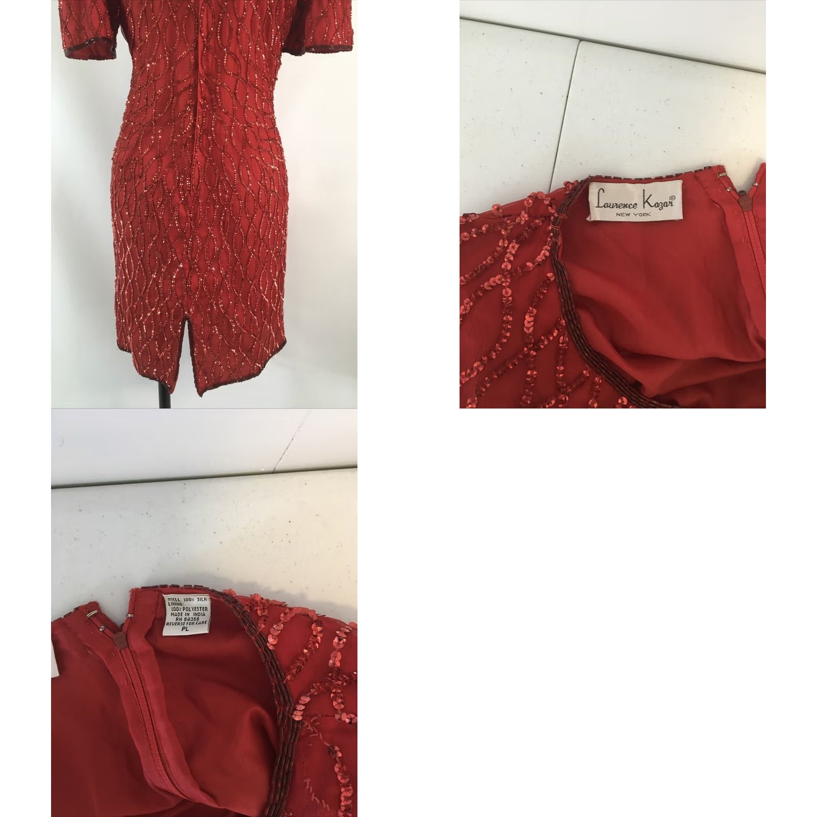 Vintage Laurence Kazar Red Sequined Silk Mini Petite Dress Beaded Trim Cocktail Party L Size L / US 10 / IT 46 - 8 Thumbnail