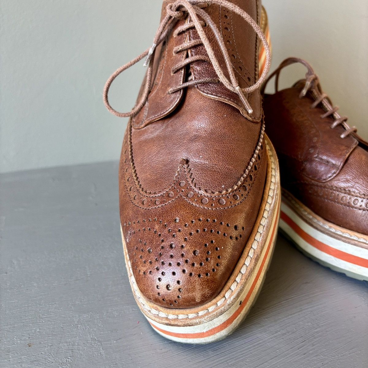 Prada Prada 2EG 015 Brown Leather Espadrille Wingtips Size US 6.5 / EU 39-40 - 5 Thumbnail
