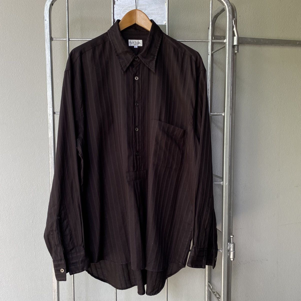 Paul Smith Paul Smith Dark Brown Half-Placket Pinstripe Shirt Size L / US 10 / IT 46 - 11 Thumbnail