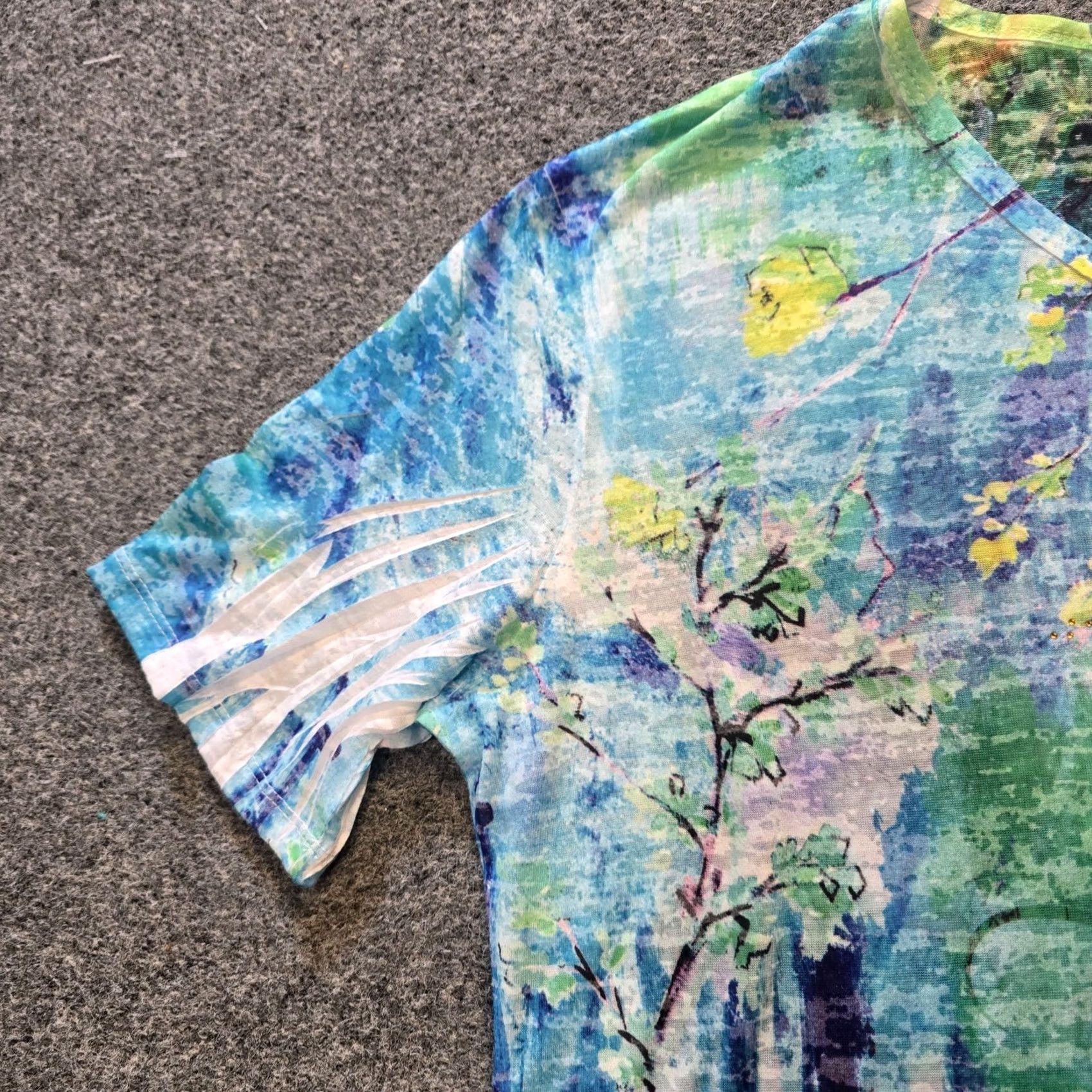Vintage Jess Jane Top Womens Size Medium Blue Abstract Artsy Rhinestones Stretch Casual Shirt Size M / US 6-8 / IT 42-44 - 4 Thumbnail