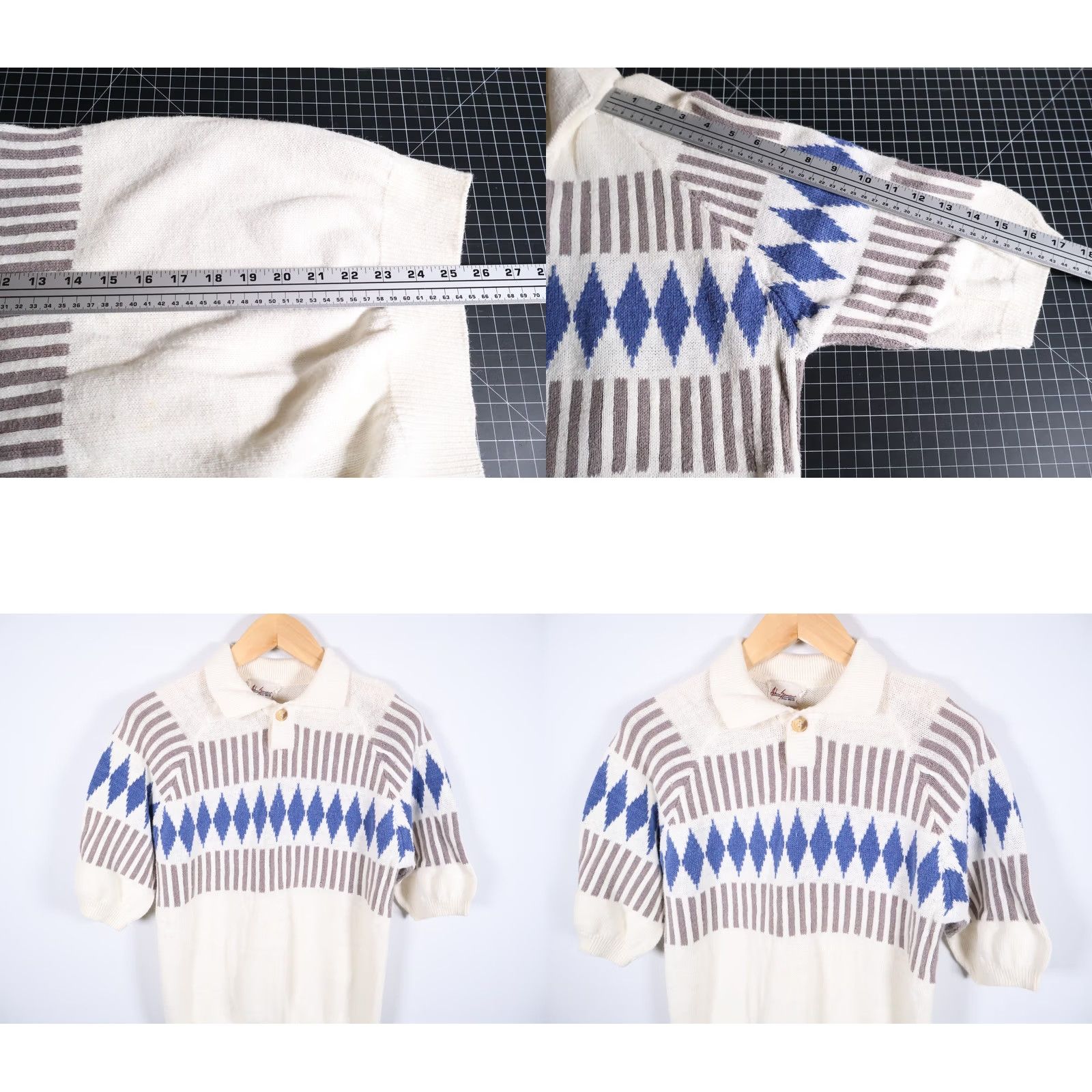 Vintage VINTAGE Adam Spencer Polo Shirt Men 90s Knit Diamond Pattern White Blue Medium Short Sleeve Cotton Ramie Size US M / EU 48-50 / 2 - 8 Thumbnail