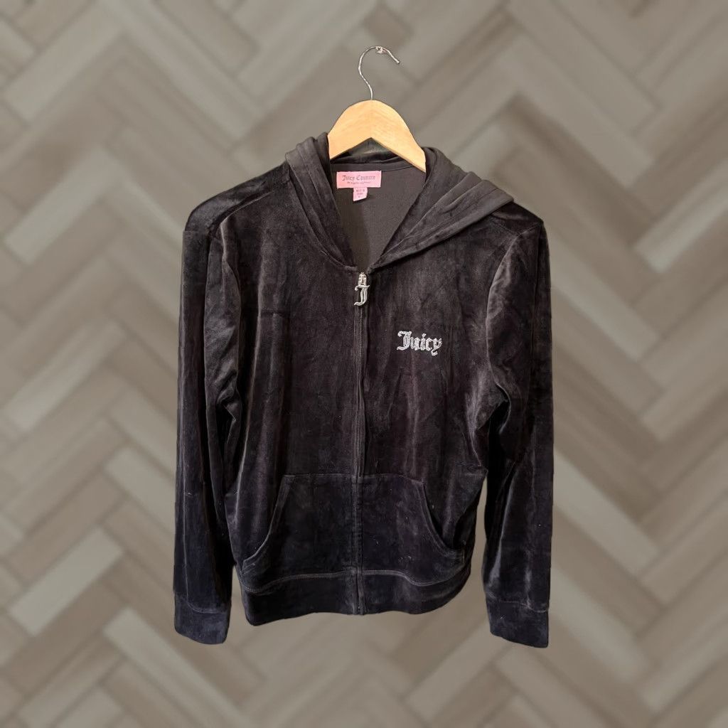 Juicy Couture VINTAGE Juicy Couture Womens Black Velour Long Sleeve Full Zip Hooded Sweatshirt L Womens Velour Full Zip Hooded Sweatshirt Size L / US 10 / IT 46 - 1 Thumbnail