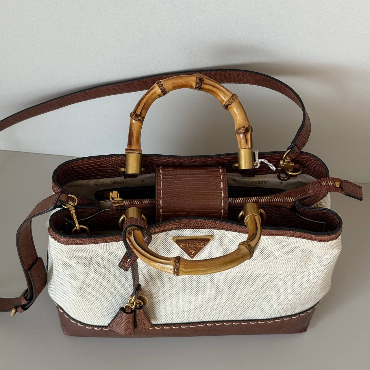 Guess Guess Zabry Bamboo Satchel Large Beige Brown Bag New Size ONE SIZE - 6 Thumbnail