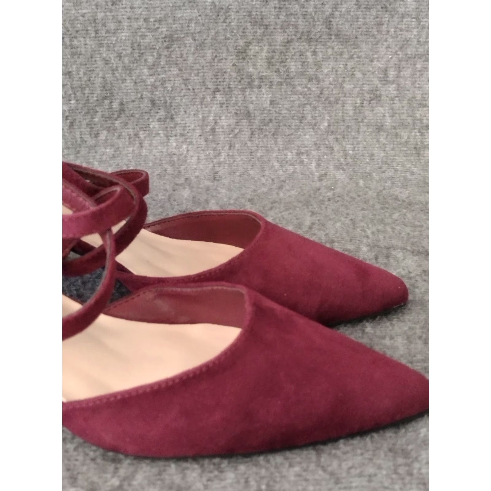 Vintage VINTAGE Greatonu Burgundy Suede Leather Ankle Strap Point Toe Size 10 Womens Heel 80s 90s Burgundy Leather Thong Cone Heels Mens? Size US 8 / IT 38 - 3 Thumbnail