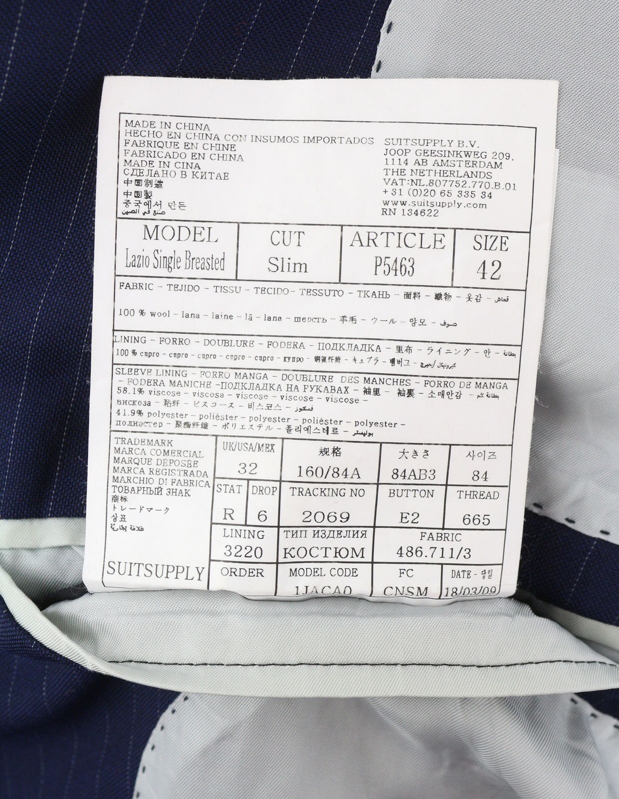 Suitsupply LAZIO UK32R Blue Wool Slim Pinstriped Blazer 85713 Size 34S - 9 Thumbnail