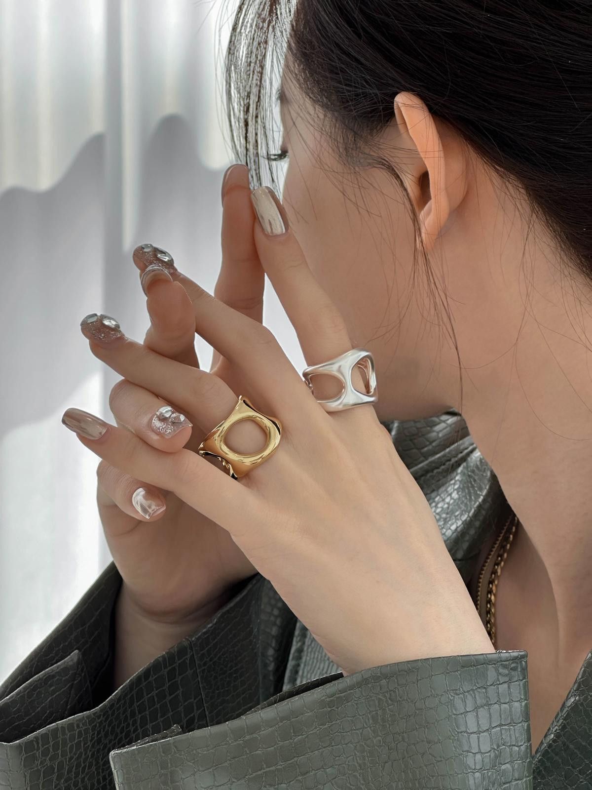Jewelry Liquid Metal Chunky Hollow Open Adjustable Set Of Rings Size ONE SIZE - 9 Thumbnail