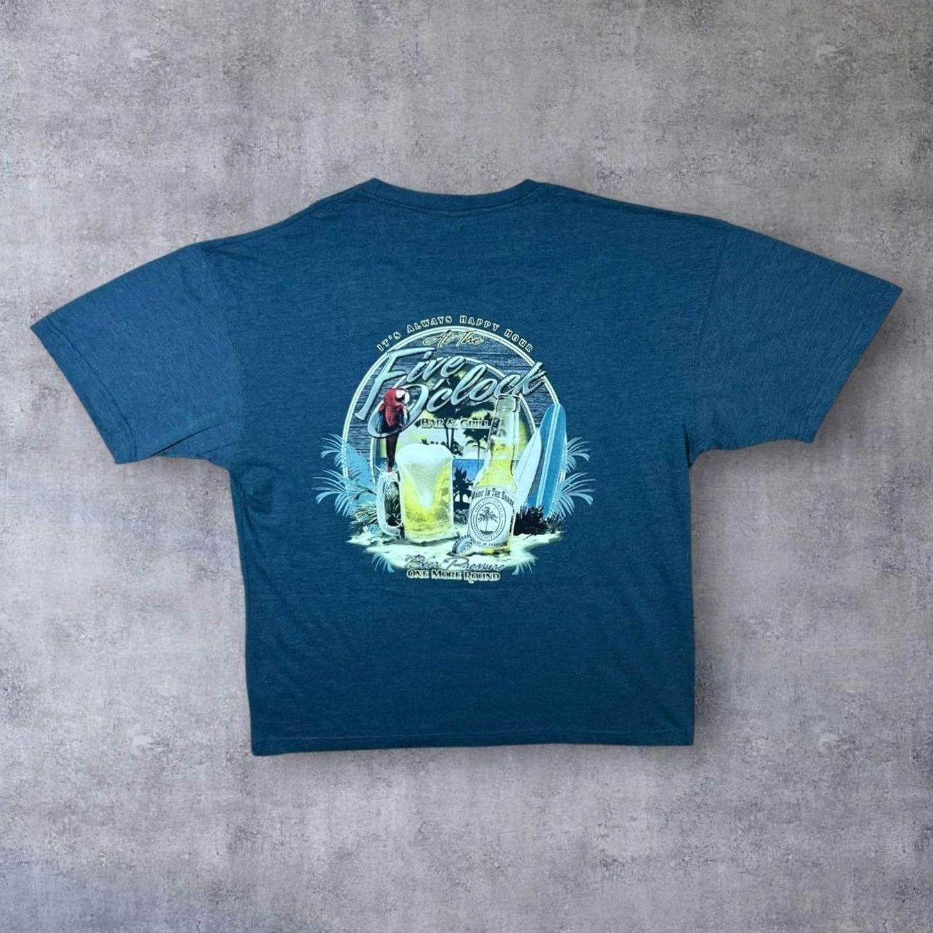 Vintage Five O'Clock Bar & Grill “One More Round” Souvenir Tourist Graphic T-Shirt XXL Blue Mens Short Sleeve Logo Print Size US XXL / EU 58 / 5 - 2 Thumbnail