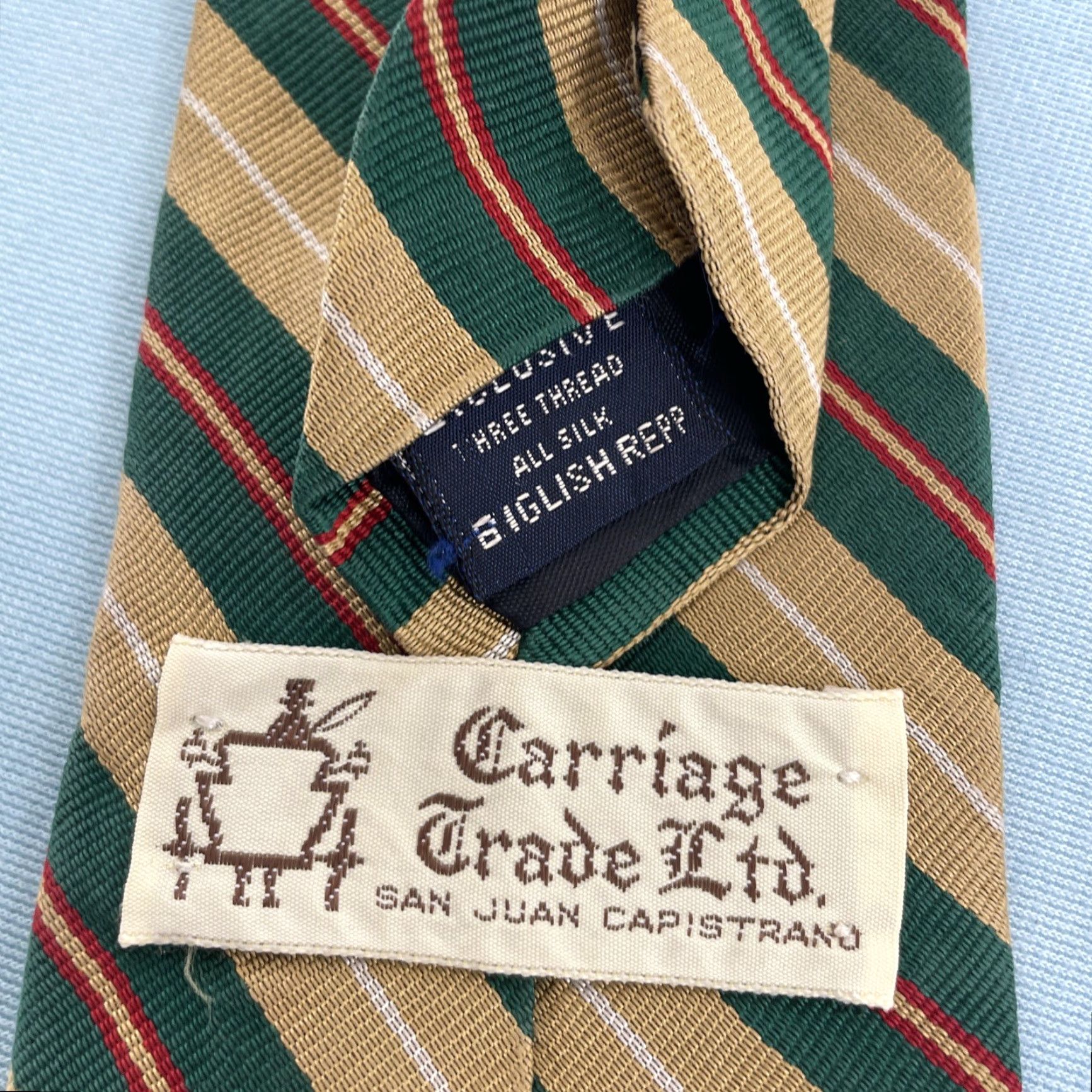 Vintage VINTAGE English Silk Repp Tie Green Tan Red Stripe 3 Thread 56" Capsule Necktie, Carriage Grade ltd. (Men) Size ONE SIZE - 4 Thumbnail