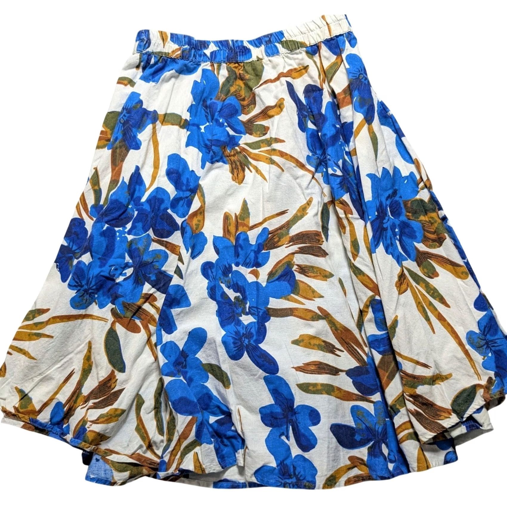 Vintage Flint & Moss Skirt Blue Floral Cotton Linen Midi Elastic Waist Women L Size 36" / US 14 / IT 50 - 7 Thumbnail