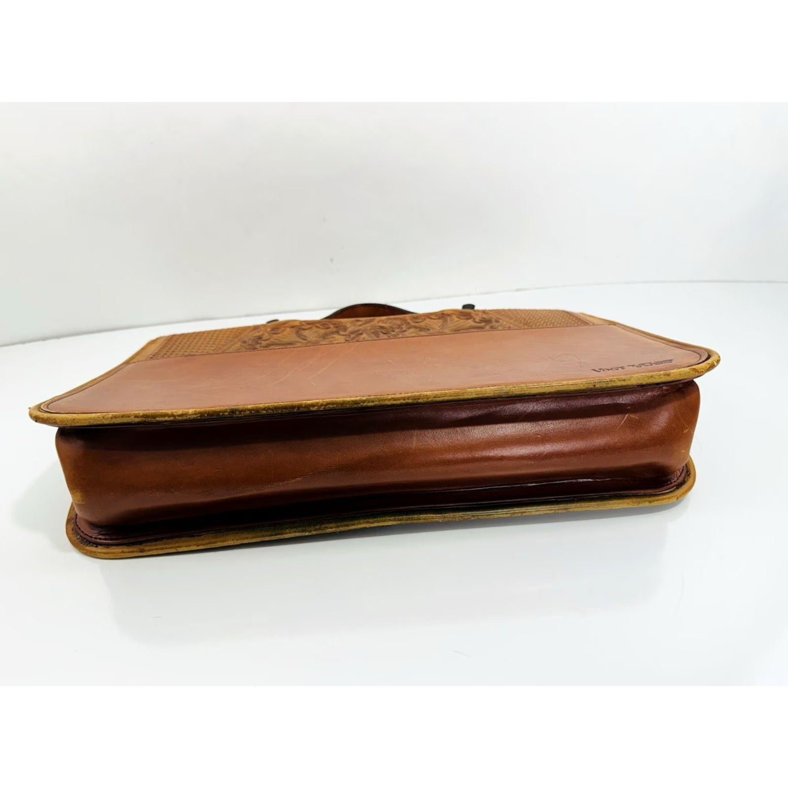 Vintage VOGT Hand Made Tooled LEATHER Vintage Mexico Briefcase Purse Bag Brown 16.25" Long 10.5" Tall 4" Width Leather Handbag Satchel Purse Bag Mens Womens Size ONE SIZE - 7 Thumbnail