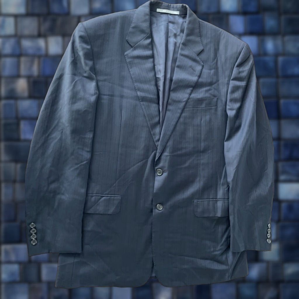 Vintage Hickey Freeman Blazer Mens Wool Stripe Dark Blue 44R Wool Notch Double-Vented 2-Button Front Suit Jacket Coat USA Modern/Classic Dress Suit Size 44R - 1 Thumbnail