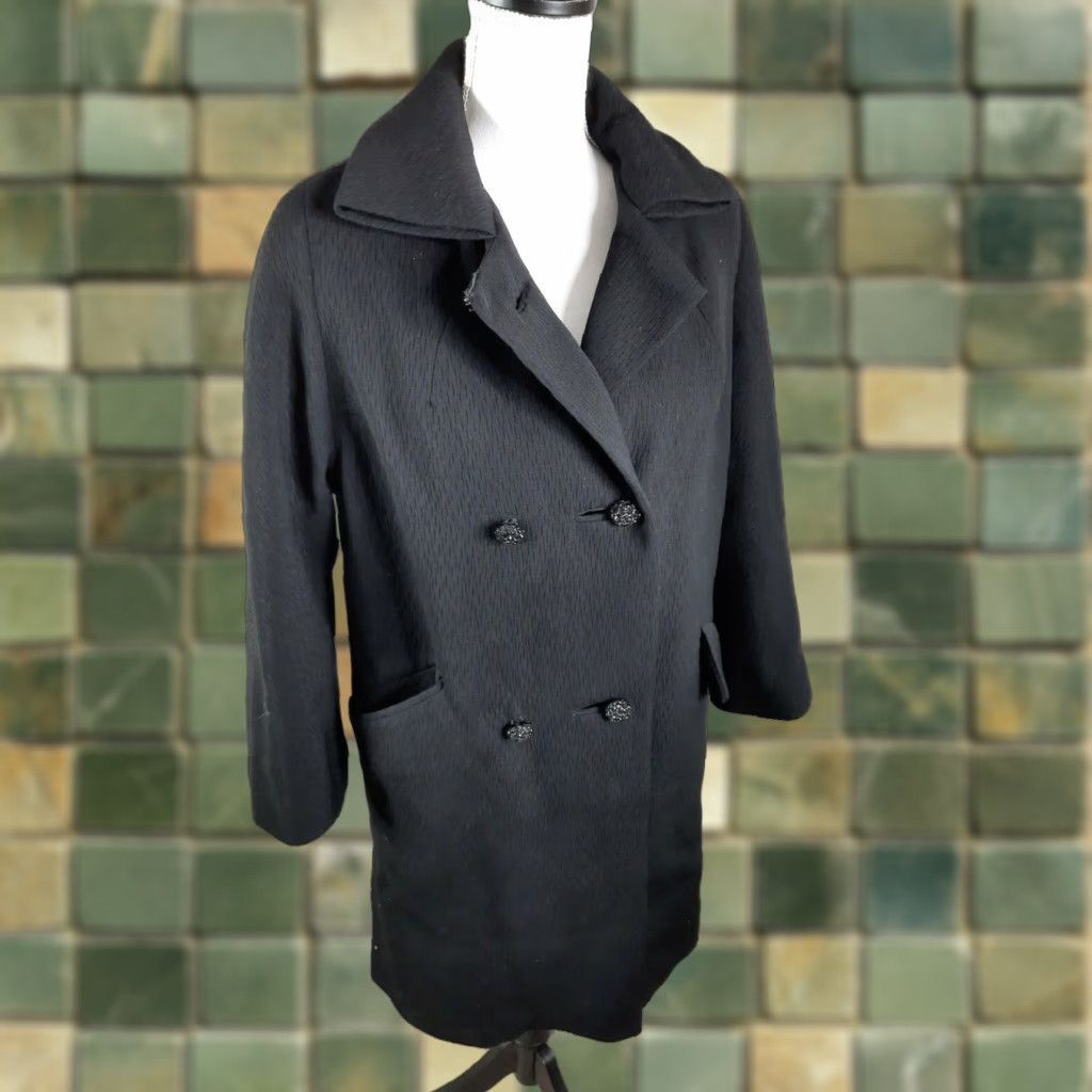 Doublet VINTAGE Edevins Women's Pea Coat Long Wool Black Double Breasted 60s 70s Coat Menswomen Size L / US 10 / IT 46 - 1 Thumbnail