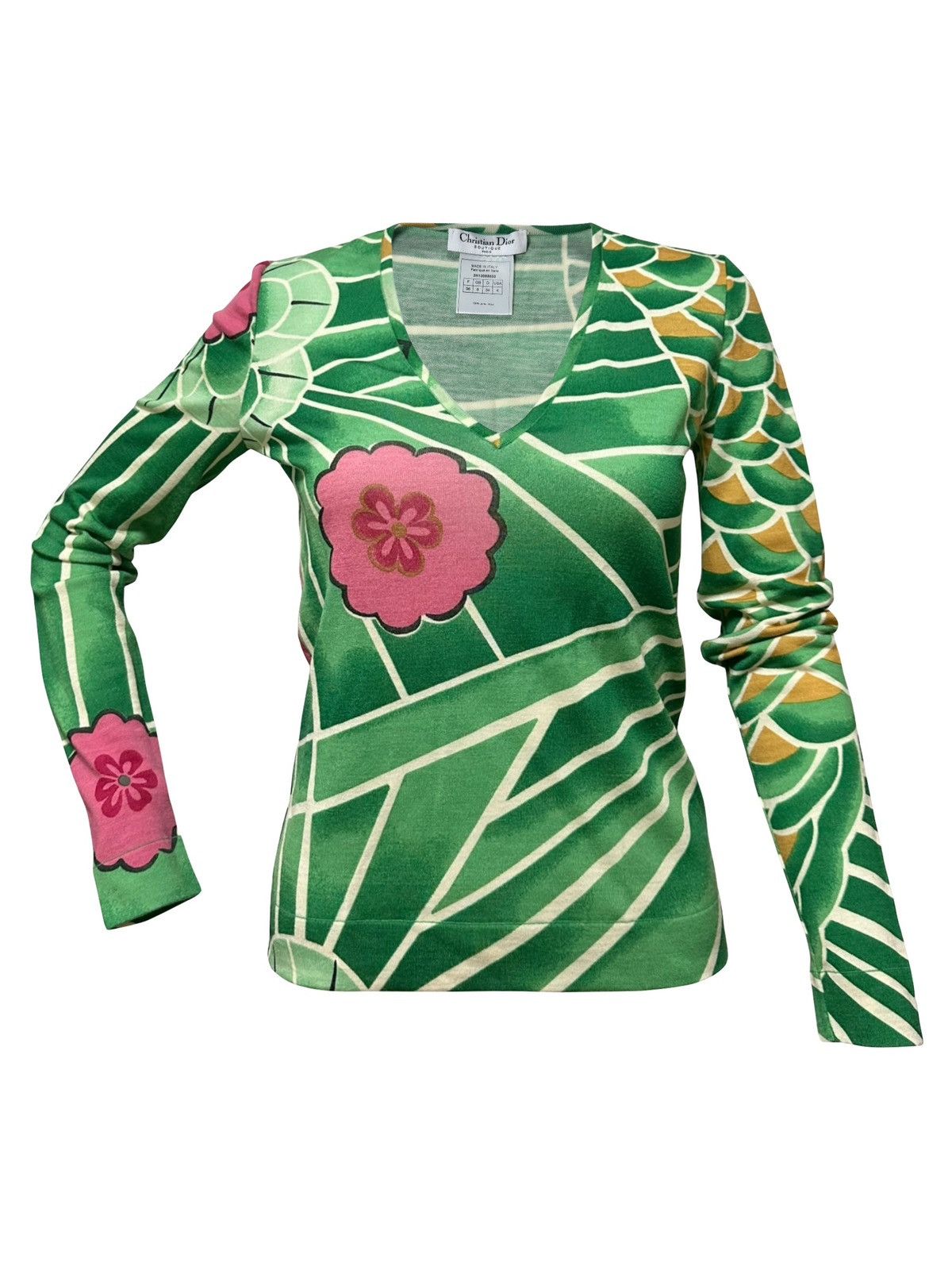 image of Christian Dior F/w 2003 Koi Floral Print V-Neck Knit Jumper in Green, Women's (Size XS)