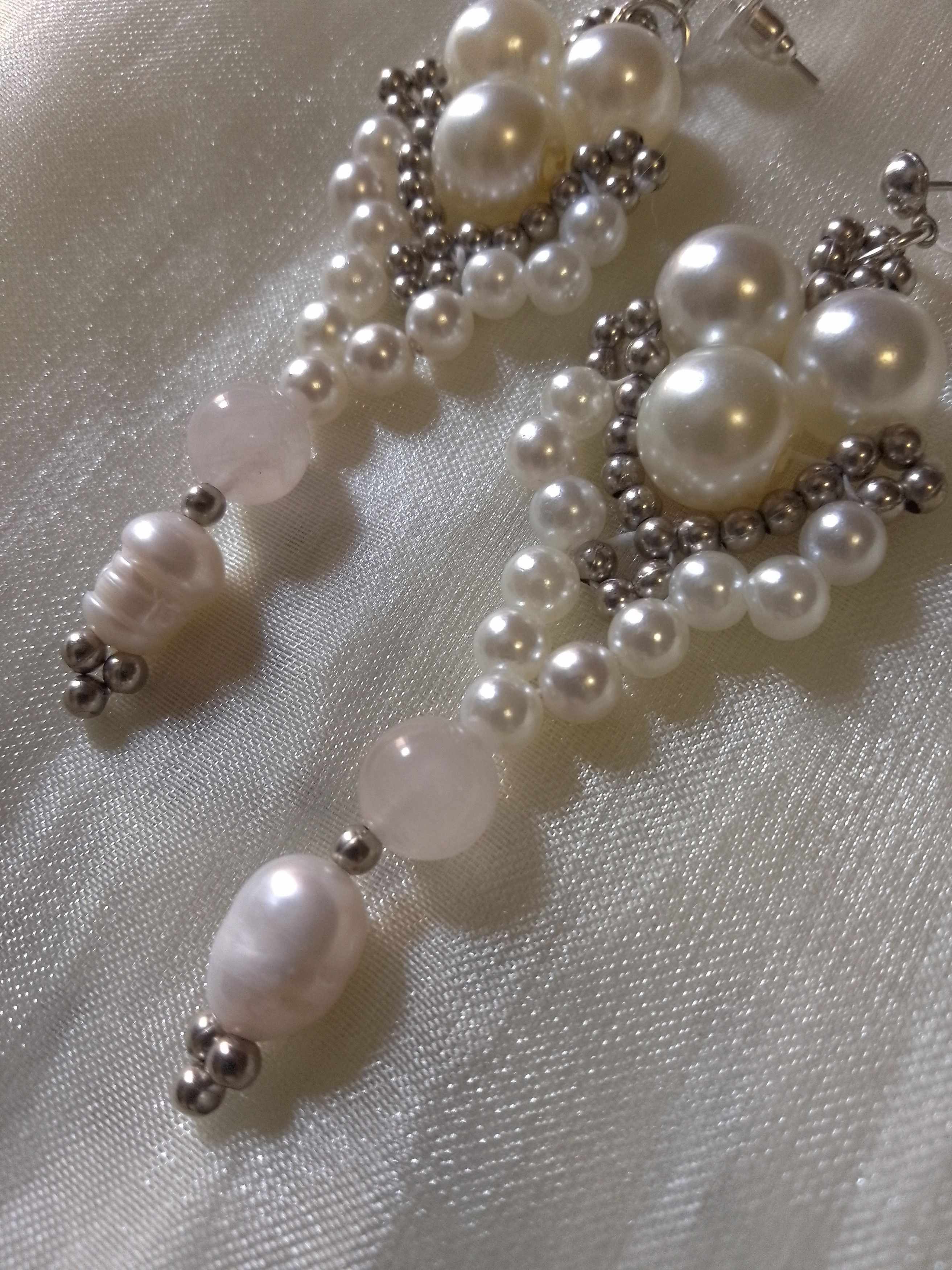 Handmade Earrings with freshwater pearls Rose Quartz gemstones Size ONE SIZE - 5 Thumbnail