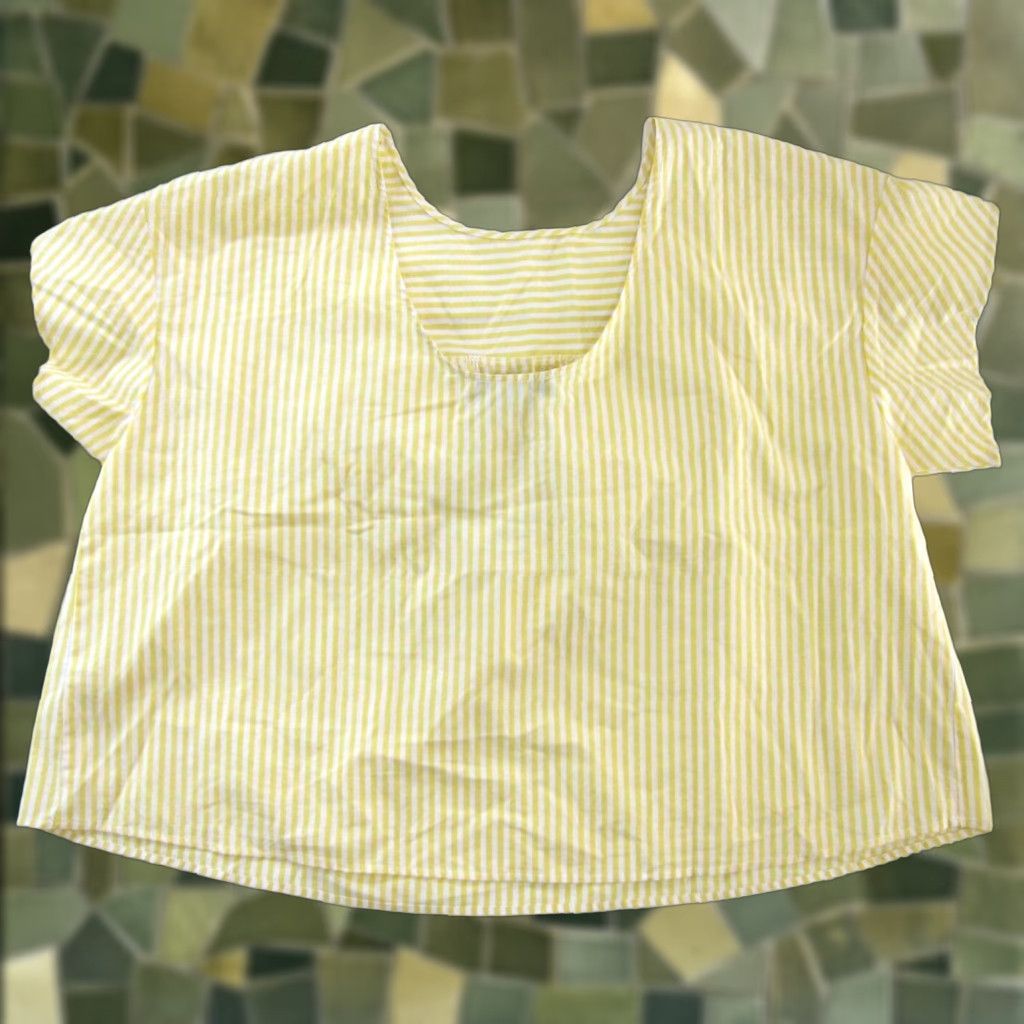 Vintage Eloquii Blouse NWT 100% Cotton Yellow White Stripe Boxy Tunic Lagenlook 18 Women Short Sleeve High Neck Shirt Womens Size XXL / US 16-18 / IT 52-54 - 1 Thumbnail