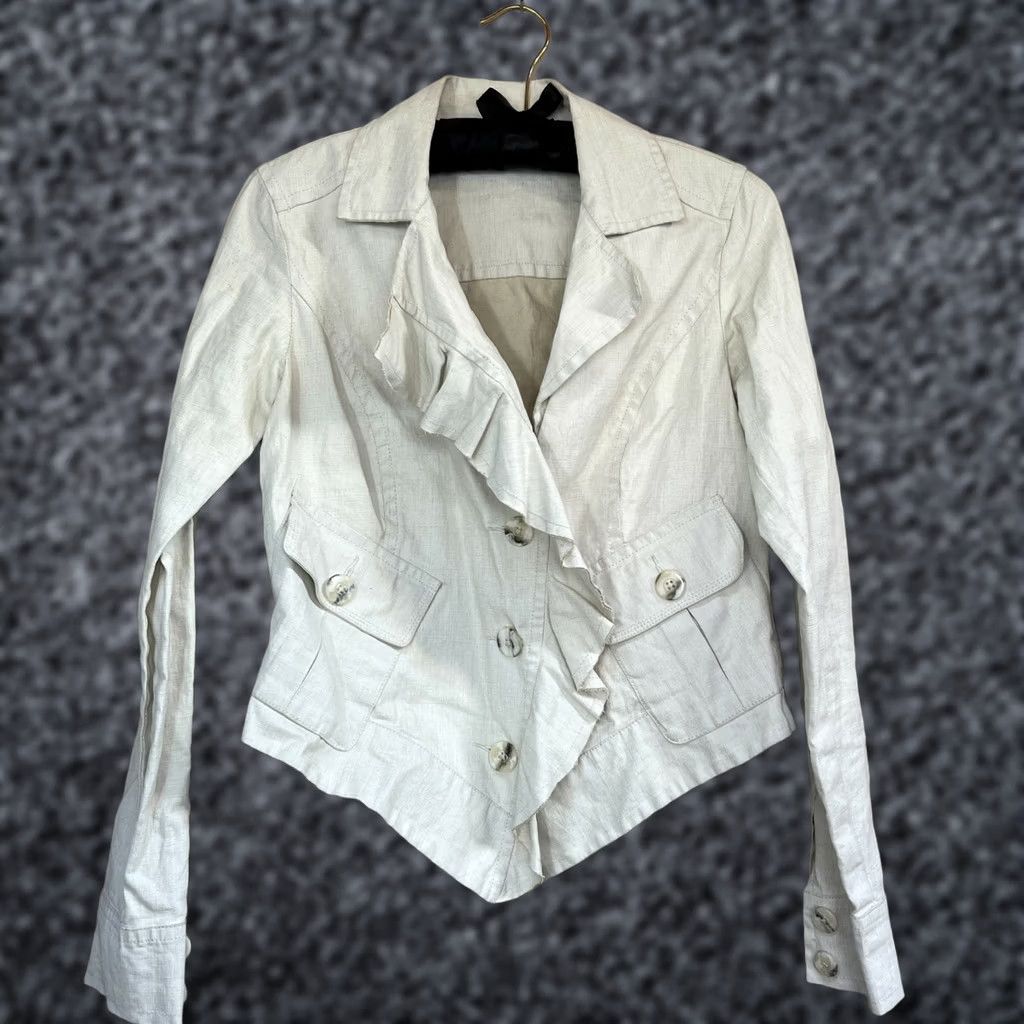 Vintage Cabi 325 Women's Small Ivory Waxed Linen Ruffle Asymmetrical Jacket Coat Blazer Size S / US 4 / IT 40 - 1 Thumbnail