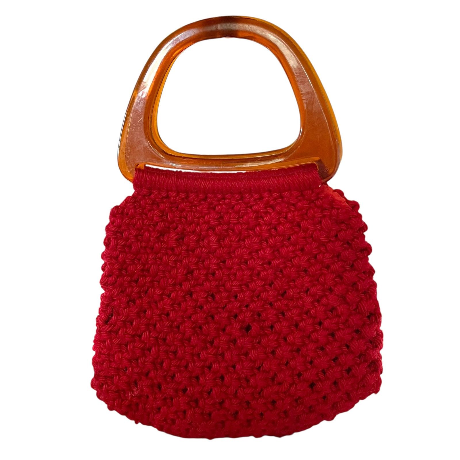 Handmade × Vintage Vintage Red Crocheted Amber Plastic Handles Hobo Granny Bag Size ONE SIZE - 3 Thumbnail