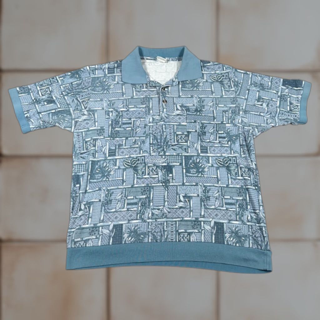 Haband VINTAGE Haband Polo Shirt Adult LARGE Blue Bamboo Geometric Leaves Banded 90s Mens Polo Size US L / EU 52-54 / 3 - 1 Thumbnail