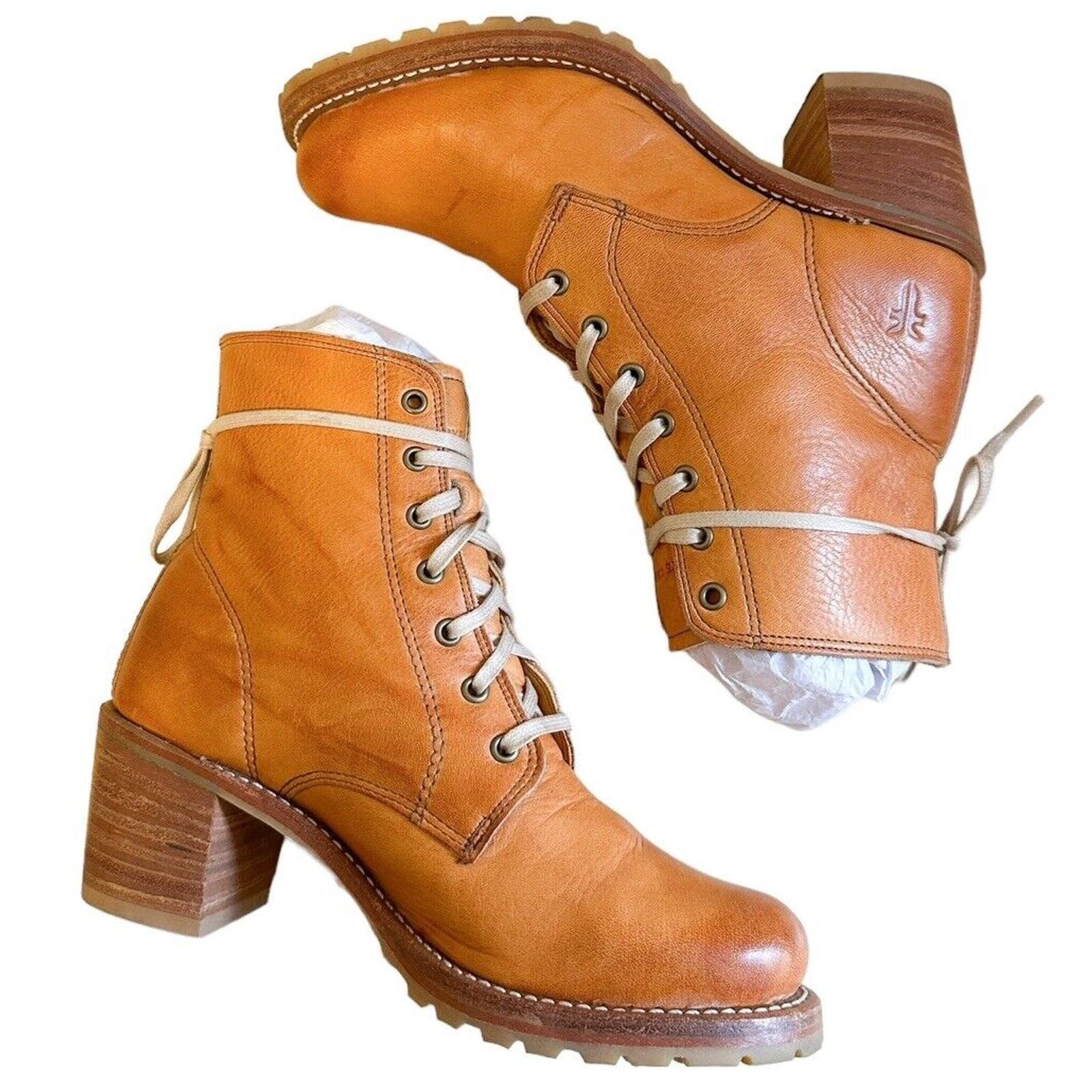 image of Frye Sabrina Sunrise Orange Leather Lace Up Boots 7.5, Women's