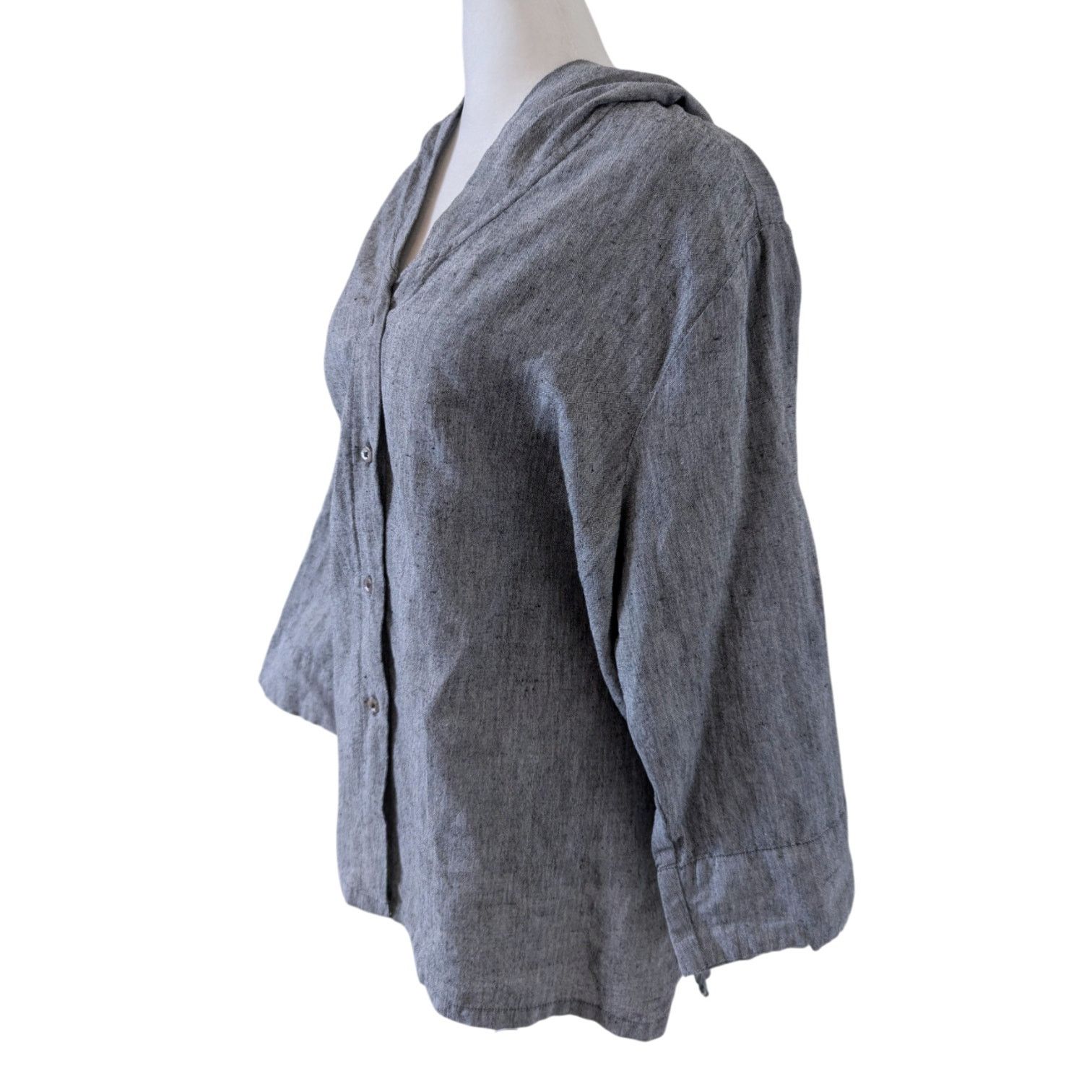 Other Partners' Grey Linen Button Up Hoodie 3/4 Wide Sleeve Blouse Size XL / US 12-14 / IT 48-50 - 2 Thumbnail