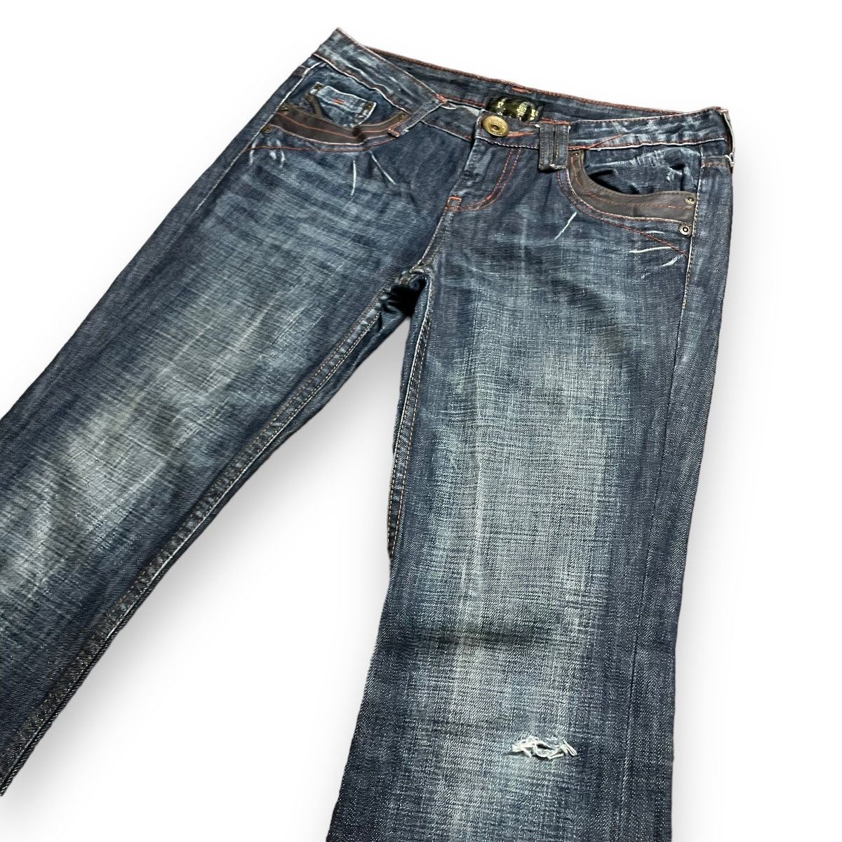 🇯🇵 SUPER FLARE BACK NUMBER LEATHER POCKET DENIM PANTS