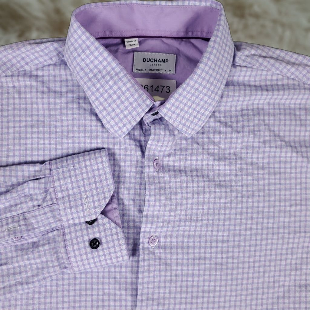 Vintage VINTAGE? No. Duchamp London Shirt Mens XL Purple Check Tailored Fit Dress Long Sleeve 17.5 Slim Button Front Collared Cuff Mens XL Purple Check Shirt Size 46R - 1 Thumbnail