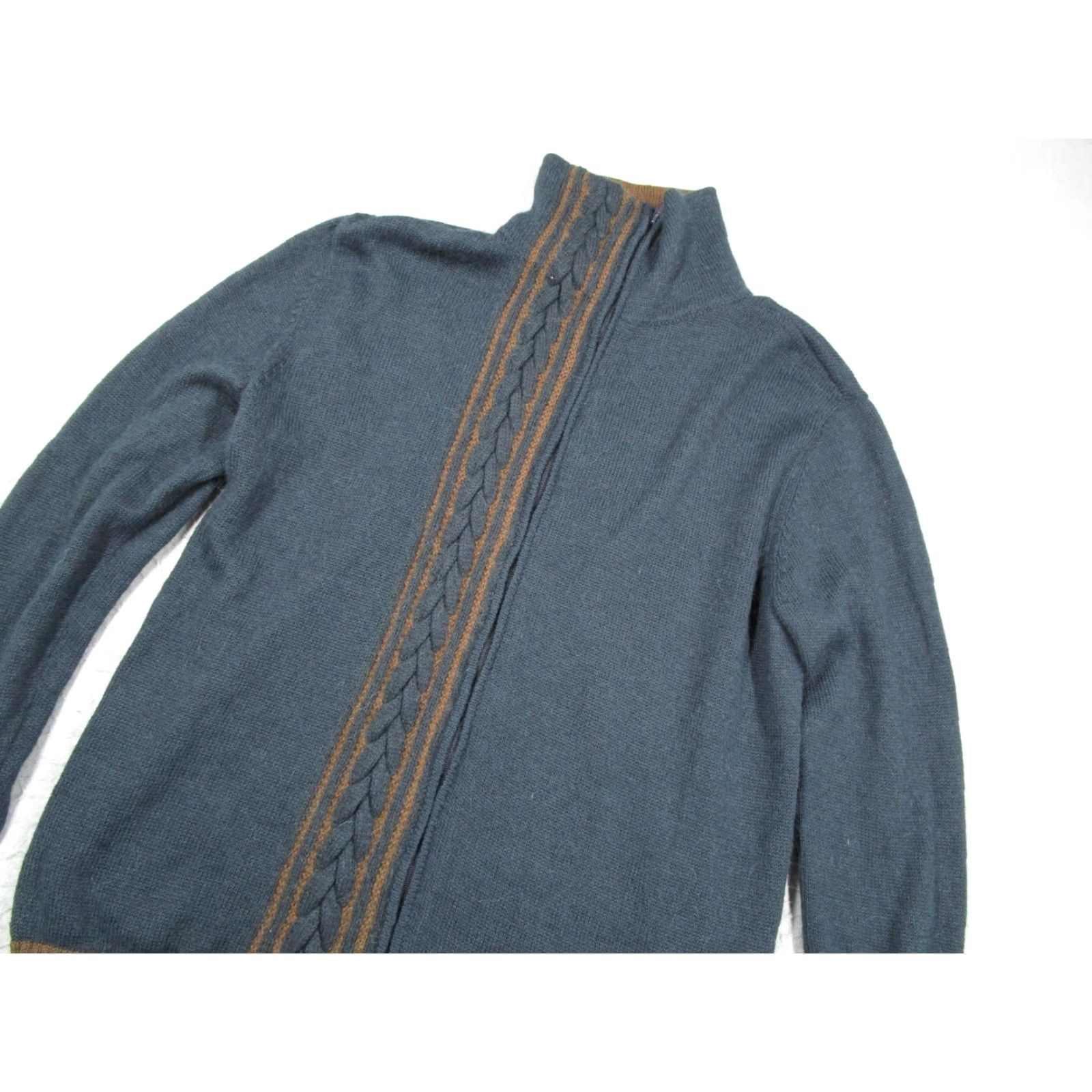 Vintage NOVICA Sweater Men L Blue Brown Full Zip Mock Neck Alpaca Blend Cable Knit Size US L / EU 52-54 / 3 - 2 Thumbnail