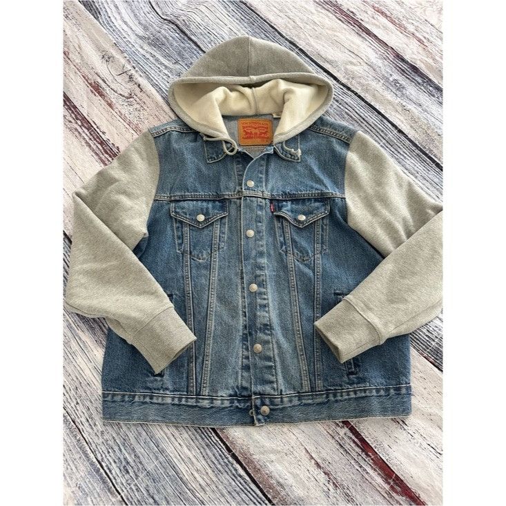 Levi's Levi's Blue Denim Jacket with Gray Hood & Sleeves Size US L / EU 52-54 / 3 - 2 Thumbnail