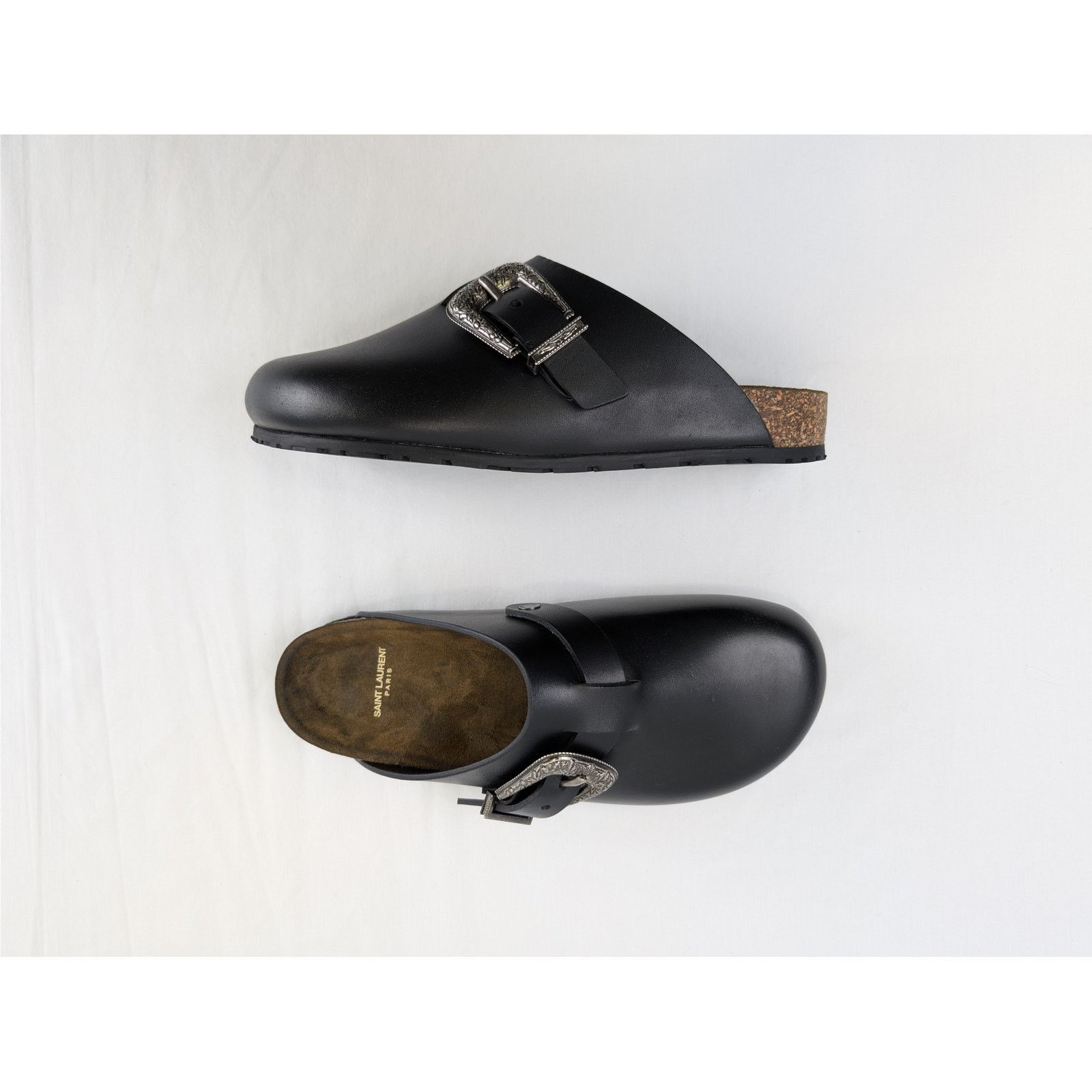 Saint Laurent Paris o1rshd1 Silver Buc San Holster Slipper Sandal in Nero Size US 8 / EU 41 - 1 Thumbnail