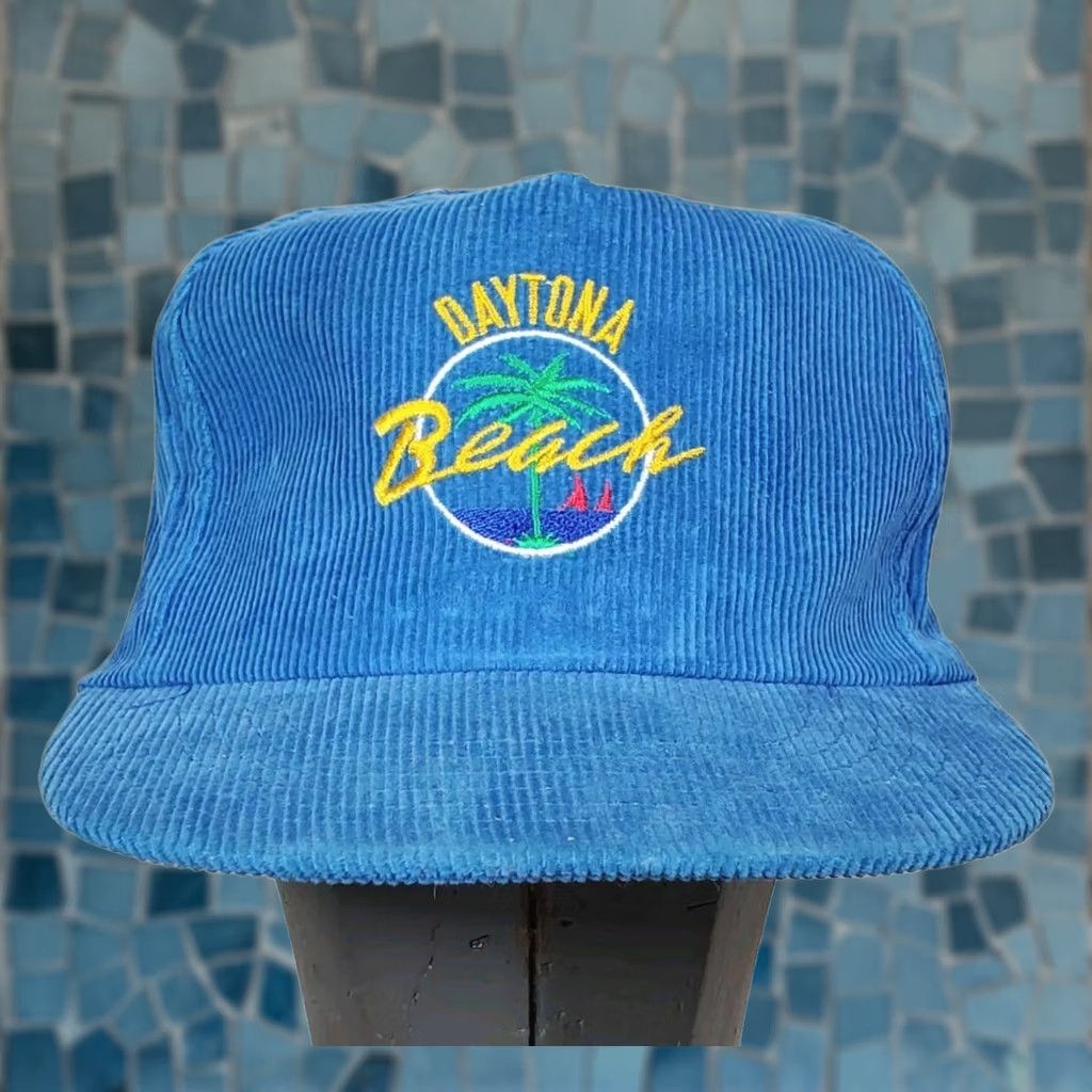 Vintage VINTAGE 80s Daytona Beach Blue Corduroy Snap Back Hat Embroidered Palm Tree NEW Size ONE SIZE - 1 Thumbnail