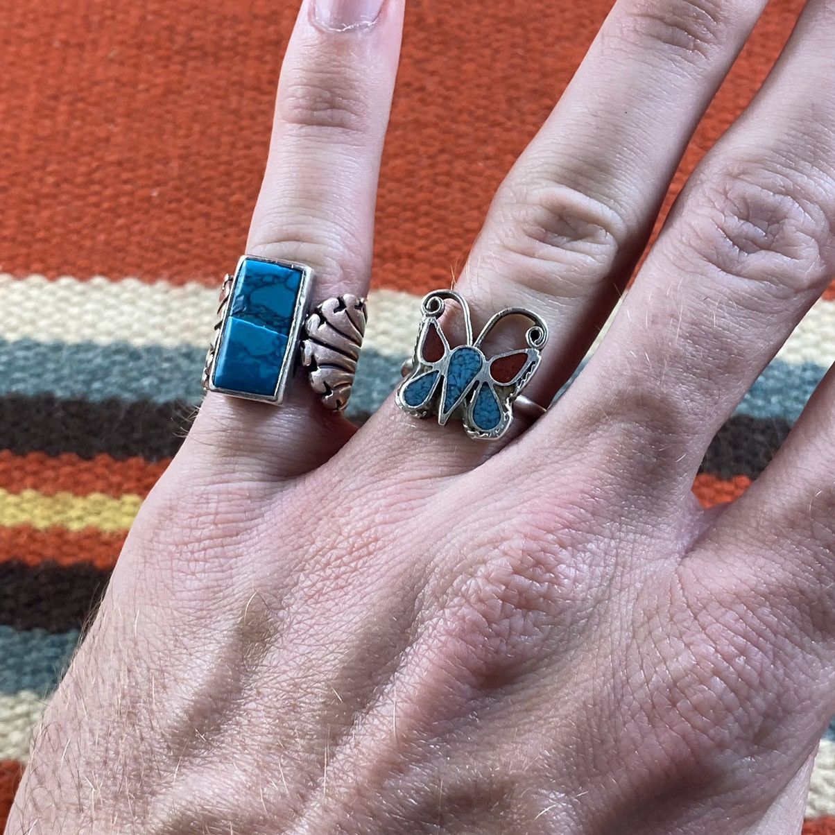 Kapital × Vintage Vtg 60s 70s Navajo Sterling Turquoise Coral Butterfly Ring Size ONE SIZE - 9 Thumbnail