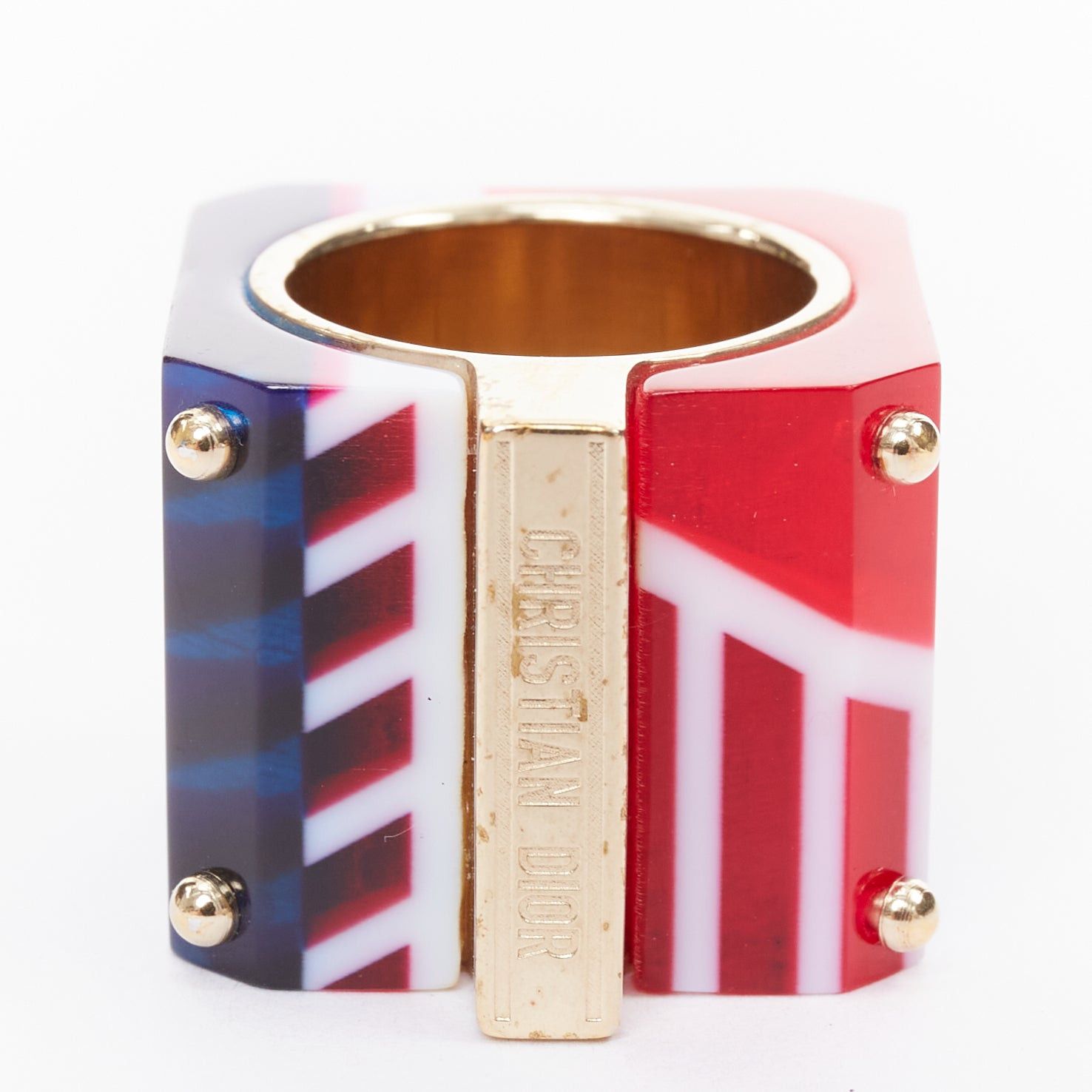 Dior DIOR 2922 Sorbet Cube red blue geometric resin gold logo statement ring Size ONE SIZE - 1 Thumbnail