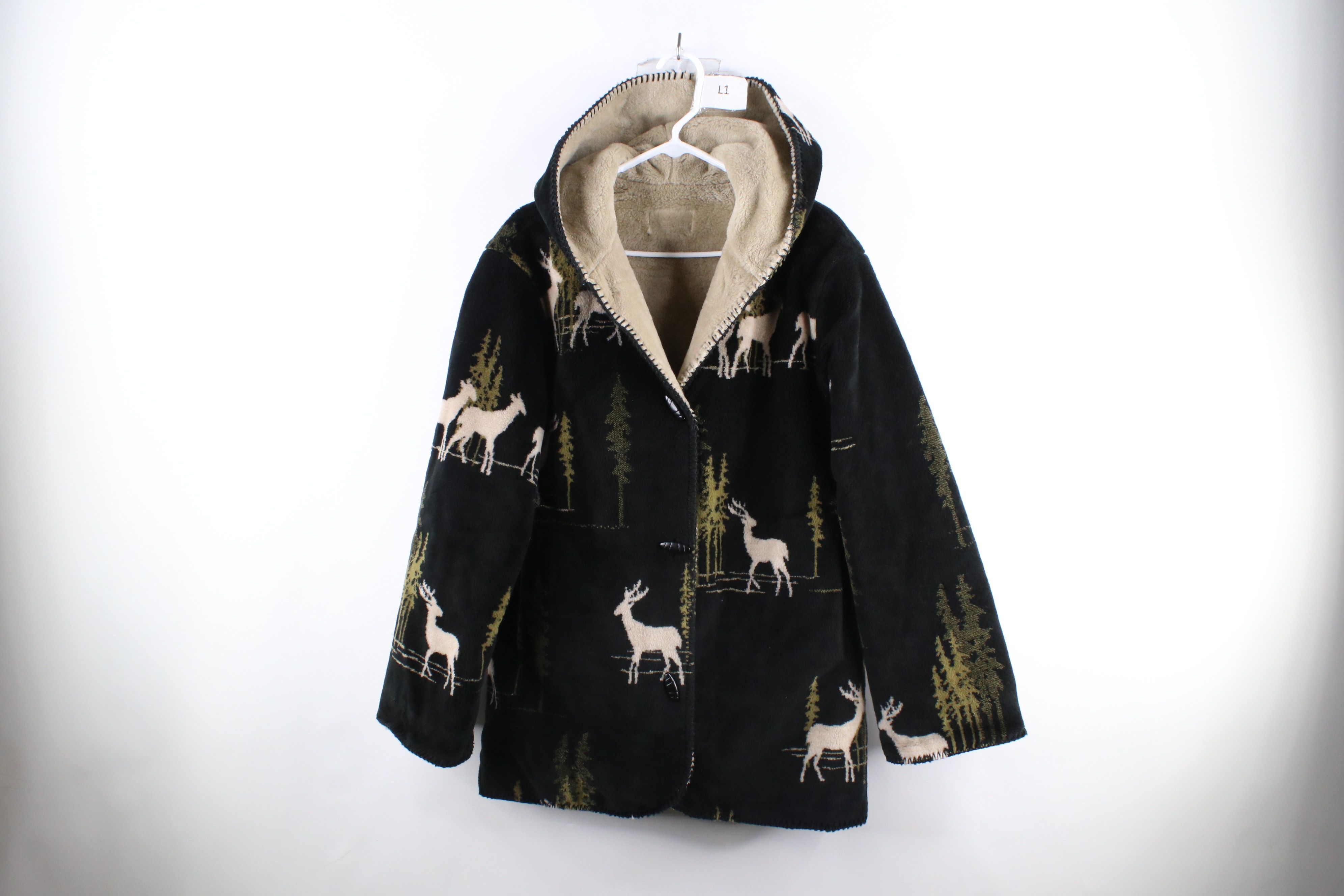 Vintage 90s Streetwear All Over Print Hooded Fleece Jacket