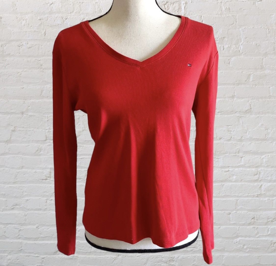 Tommy Hilfiger TOMMY HILFIGER LONG SLEEVE V NECK SOLID LOGO TOP Size L / US 10 / IT 46 - 1 Thumbnail