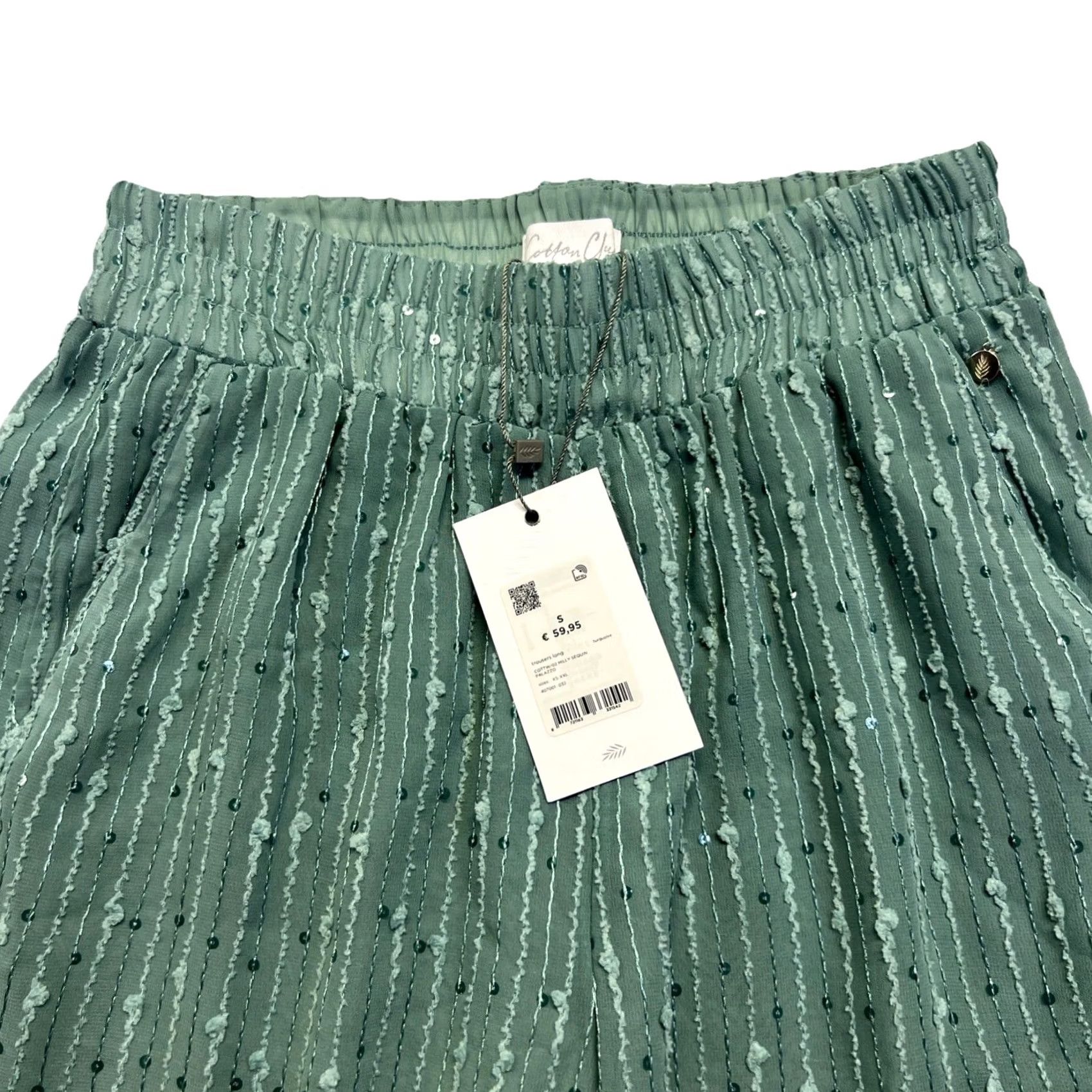 Vintage Cotton Club Pants Wide-Leg Palazzo NWT Sage Green Sequin Textured Knit Cotton S Size 28" / US 6 / IT 42 - 2 Thumbnail