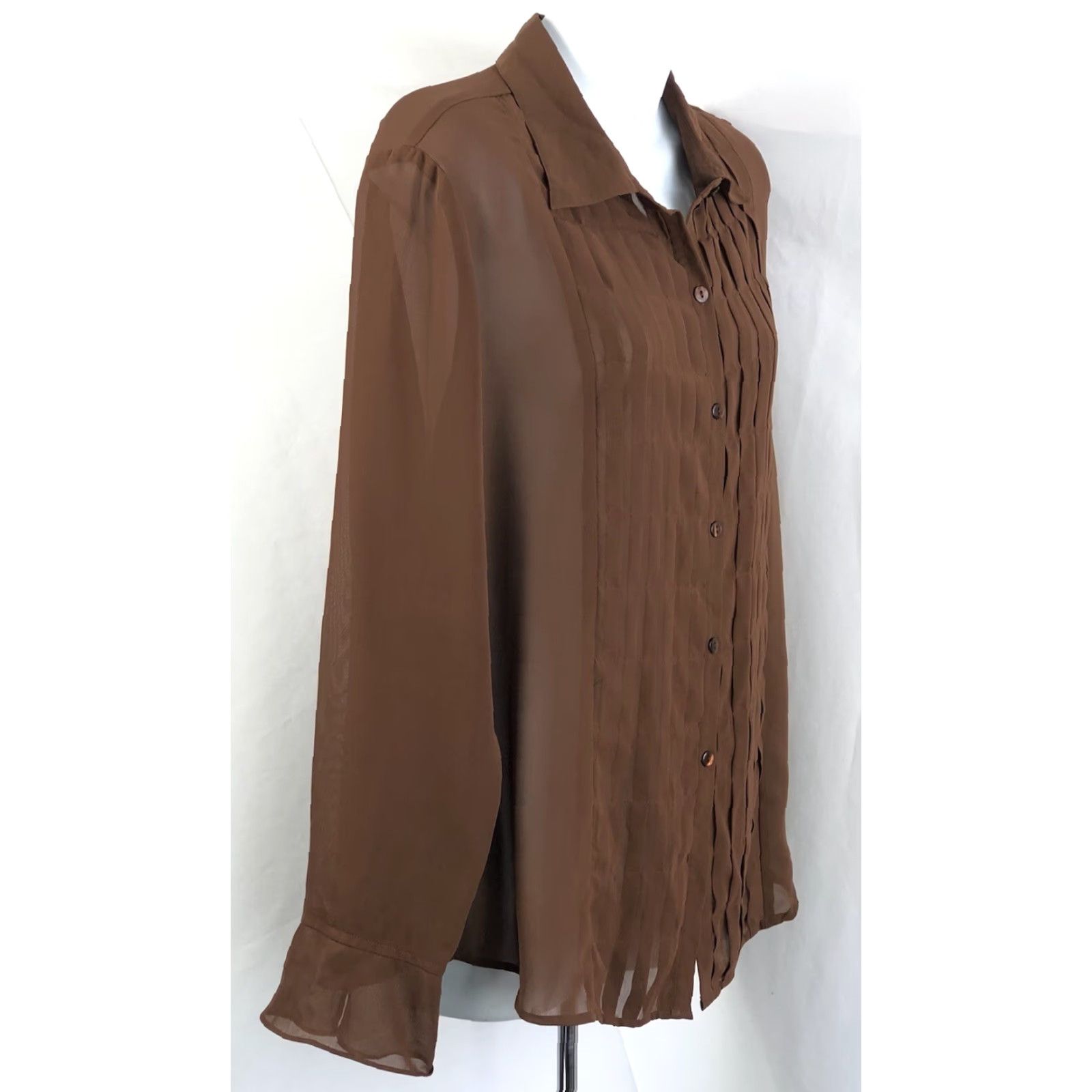 Jordan Brand VINTAGE Jordan Blouse Shirt L Brown Pleated Long Sleeve Flutter Cuffs Collared Career Women's Size L / US 10 / IT 46 - 2 Thumbnail