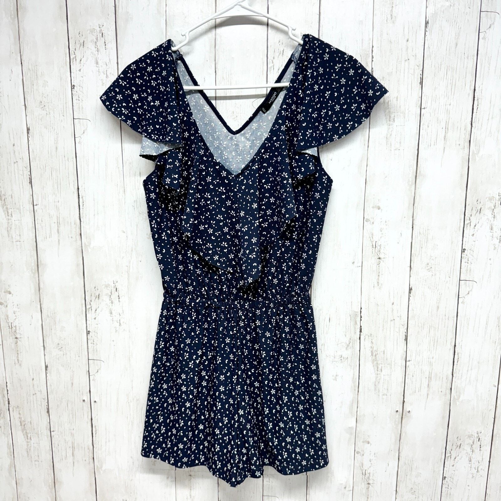 Mango Mango Romper Size XXS Short Sleeve Deep V Navy Blue Floral Size 24" / US 00 / IT 34 - 1 Thumbnail