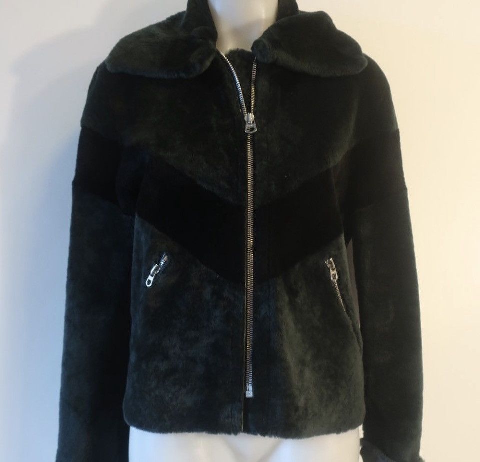 Sandro Sandro Shearling & Leather Zip Jacket Black & Green Chevron Size M / US 6-8 / IT 42-44 - 8 Thumbnail