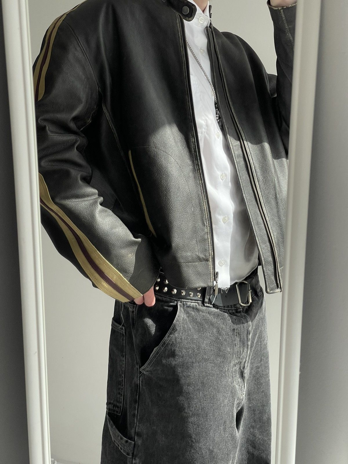 image of Vintage 90's Genuine Real Leather Jacket Washed Black, Men's (Size Large)