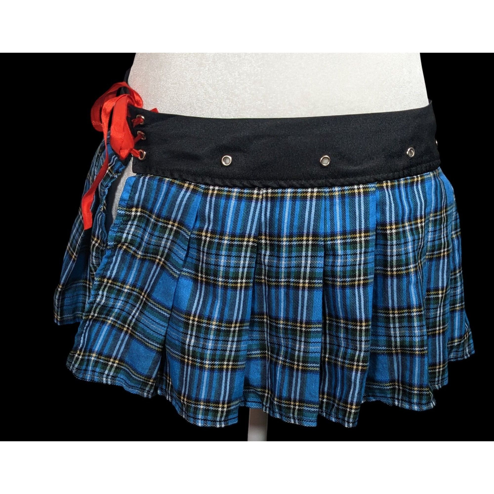Other Gothic Punk Blue Plaid Pleated Tie On Mini Skirt Size 34" / US 12 / IT 48 - 2 Thumbnail