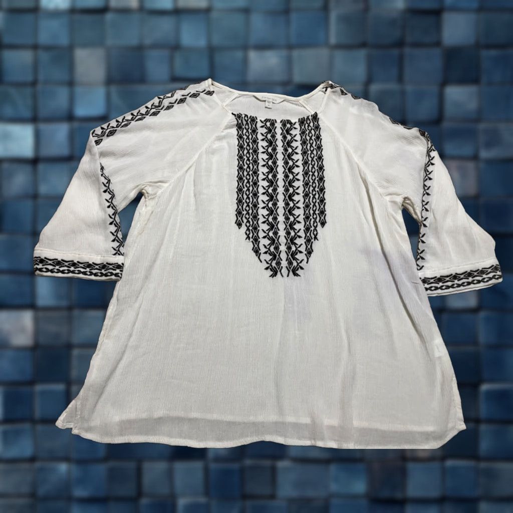 Vintage Garnet Hill Blouse Geometric 3/4 Sleeve White Embroidered Medium Womens M Shirt Womens Size M / US 6-8 / IT 42-44 - 1 Thumbnail